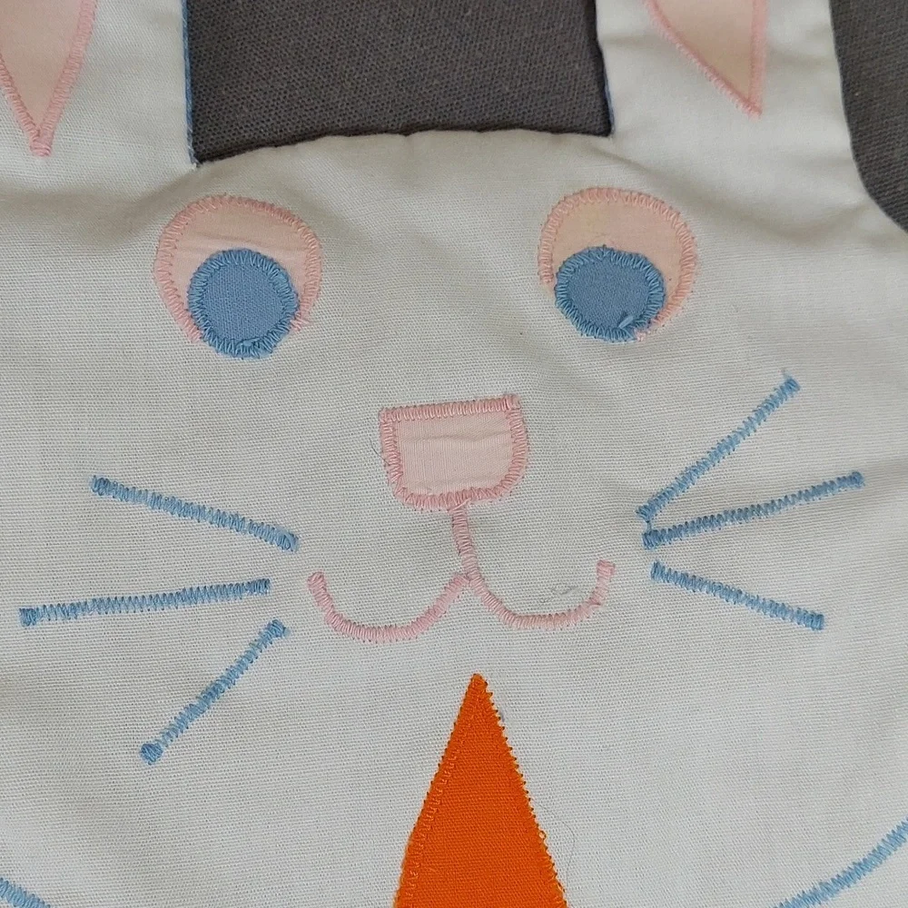 Vintage Bunny Rabbit Holding A Carrot Bib Embroidered Easter Spring Tie Strings